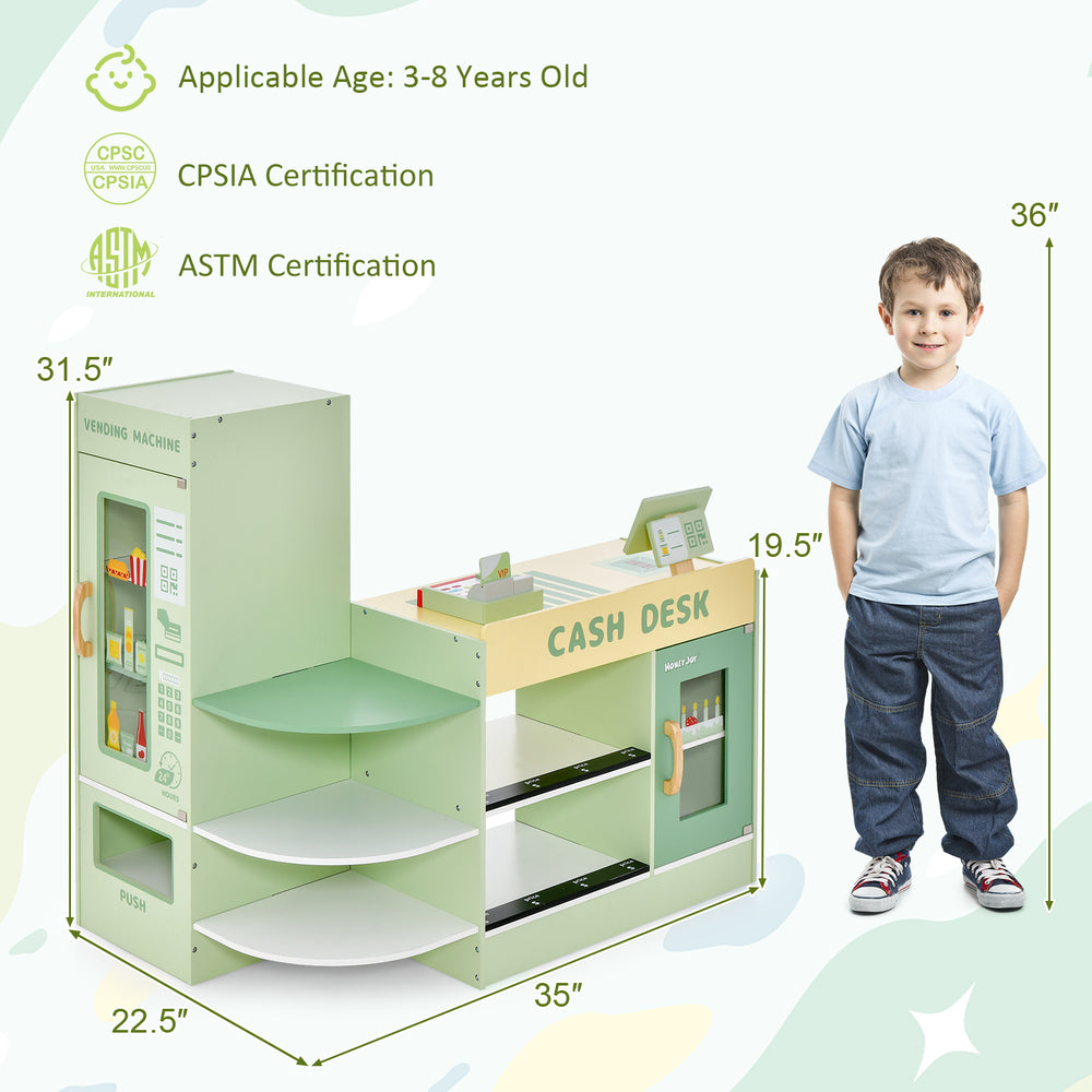 Kids wooden supermarket play toy set in green with checkout counter, vending machine, and storage shelves for.