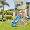 Wooden swing set featuring a large upper deck slide, swings, and steering wheel, perfect for outdoor play in the.