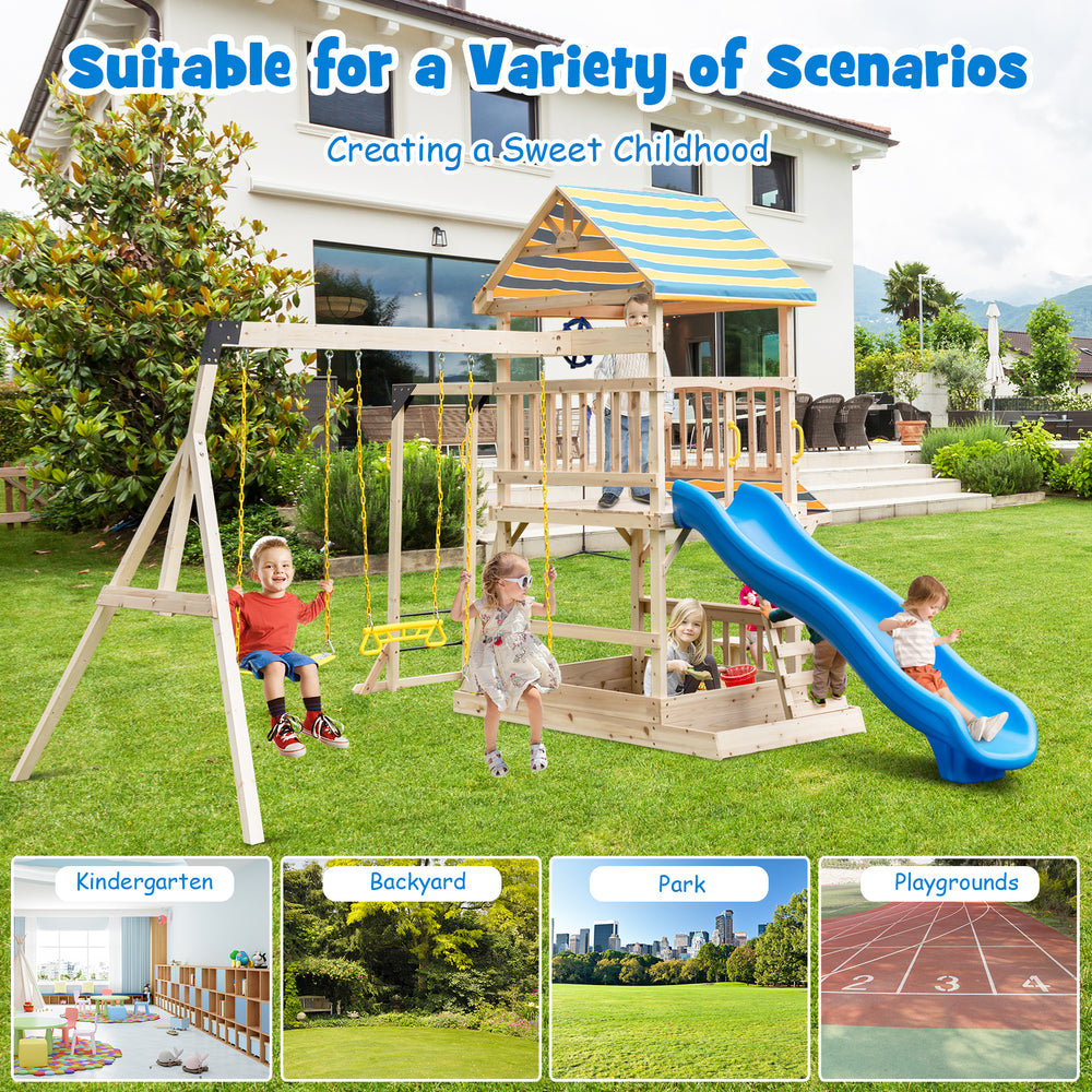 Wooden swing set featuring a large upper deck slide, swings, and steering wheel, perfect for outdoor play in various.