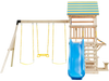 Wooden Swing Set with Large Upper Deck Slide and Steering Wheel