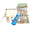 Wooden swing set featuring a large slide, swings, and a tree house deck, perfect for outdoor play in backyards or parks.