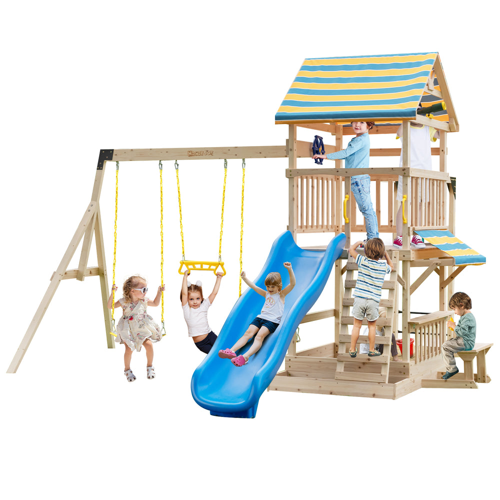 Wooden swing set featuring a large slide, swings, and a tree house deck, perfect for outdoor play in backyards or parks.