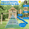 Wooden swing set featuring a large upper deck slide, steering wheel, and sturdy fir wood construction for outdoor fun.