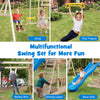 Wooden swing set featuring swings, monkey bars, climbing ladder, and slide for outdoor fun in the backyard.