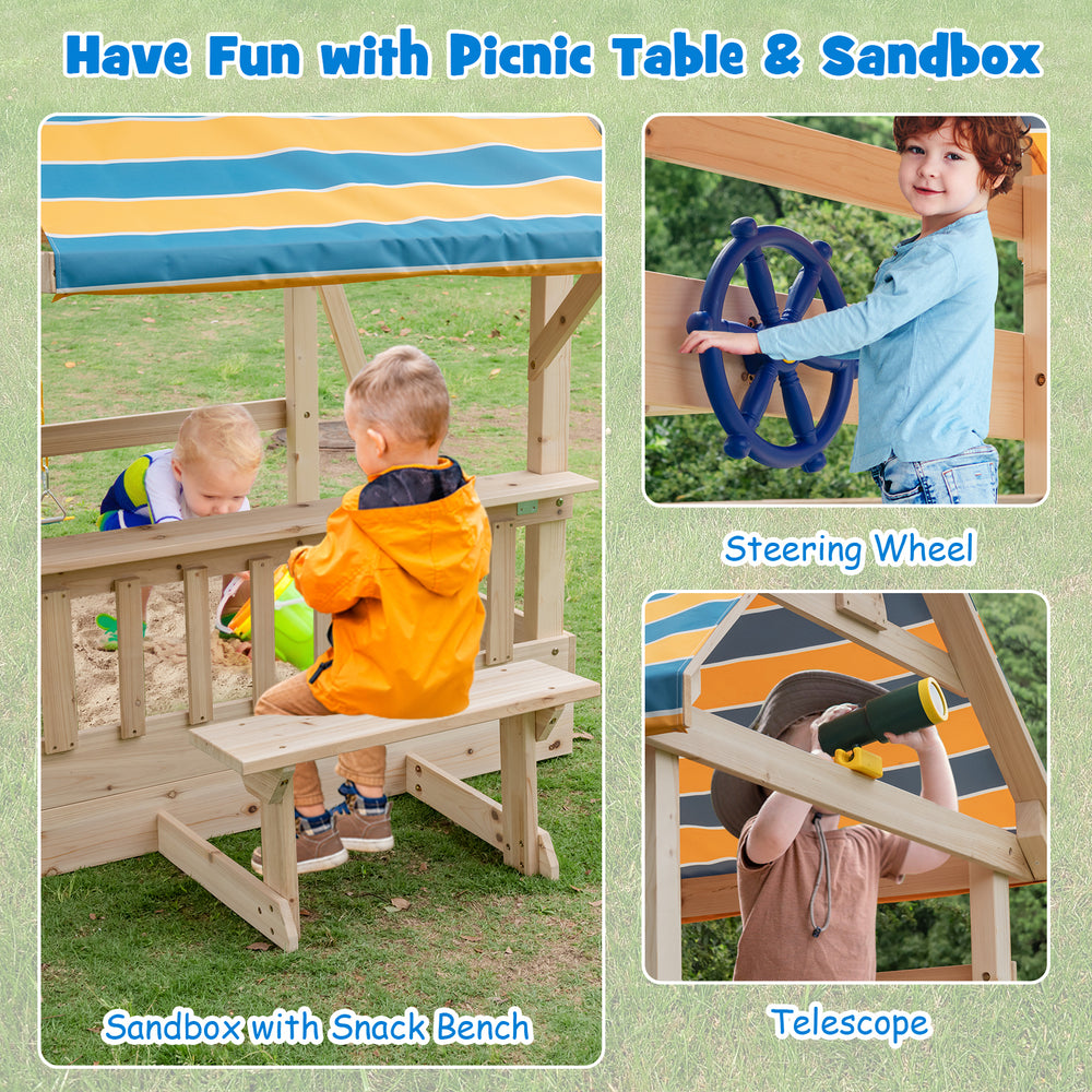 Wooden swing set featuring a sandbox with snack bench, steering wheel, and telescope for outdoor play and creativity.