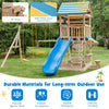 Wooden swing set featuring a large upper deck slide, fir wood construction, and multiple play features for outdoor fun.