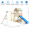 Wooden swing set featuring a large upper deck, slide, swings, and steering wheel, perfect for outdoor play in backyards.