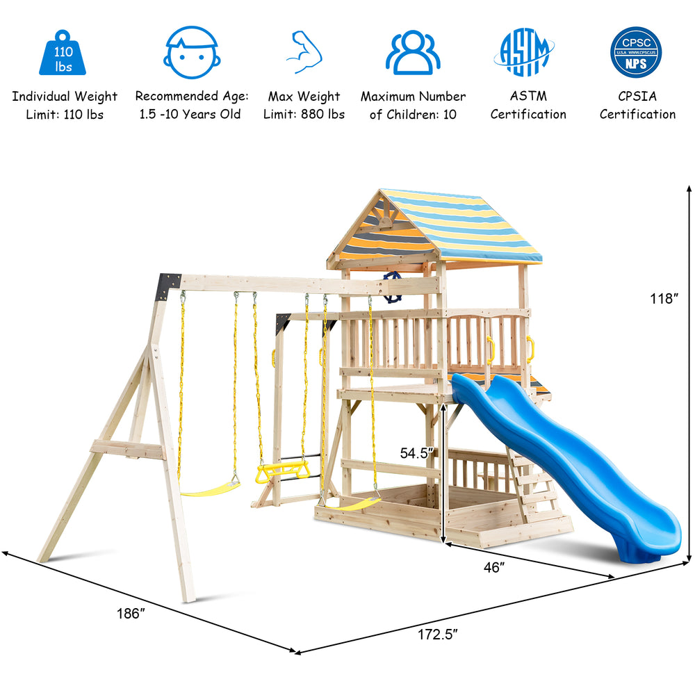 Wooden swing set featuring a large upper deck, slide, swings, and steering wheel, perfect for outdoor play in backyards.