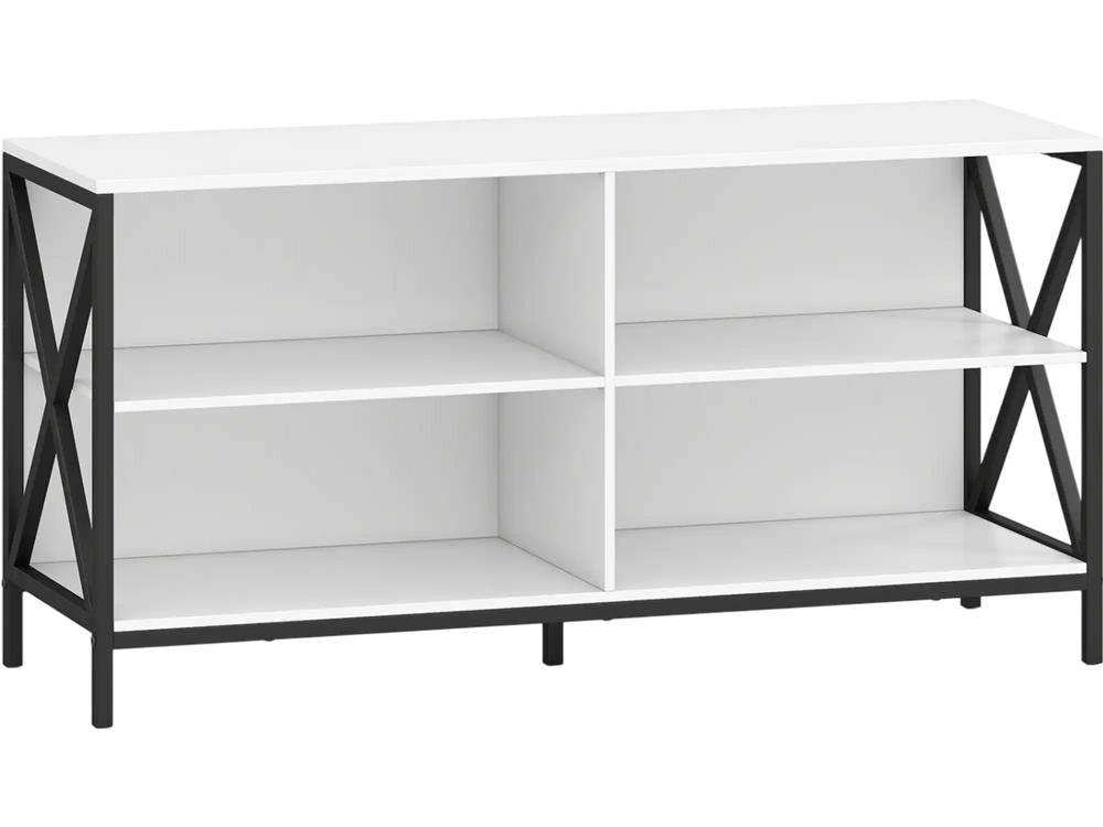 White wooden TV stand featuring an X-shaped frame and five sturdy legs, offering a durable surface and open compartments for storage.