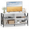 White wooden TV stand with X-shaped frame and five sturdy legs, providing durable support and ample open storage space.