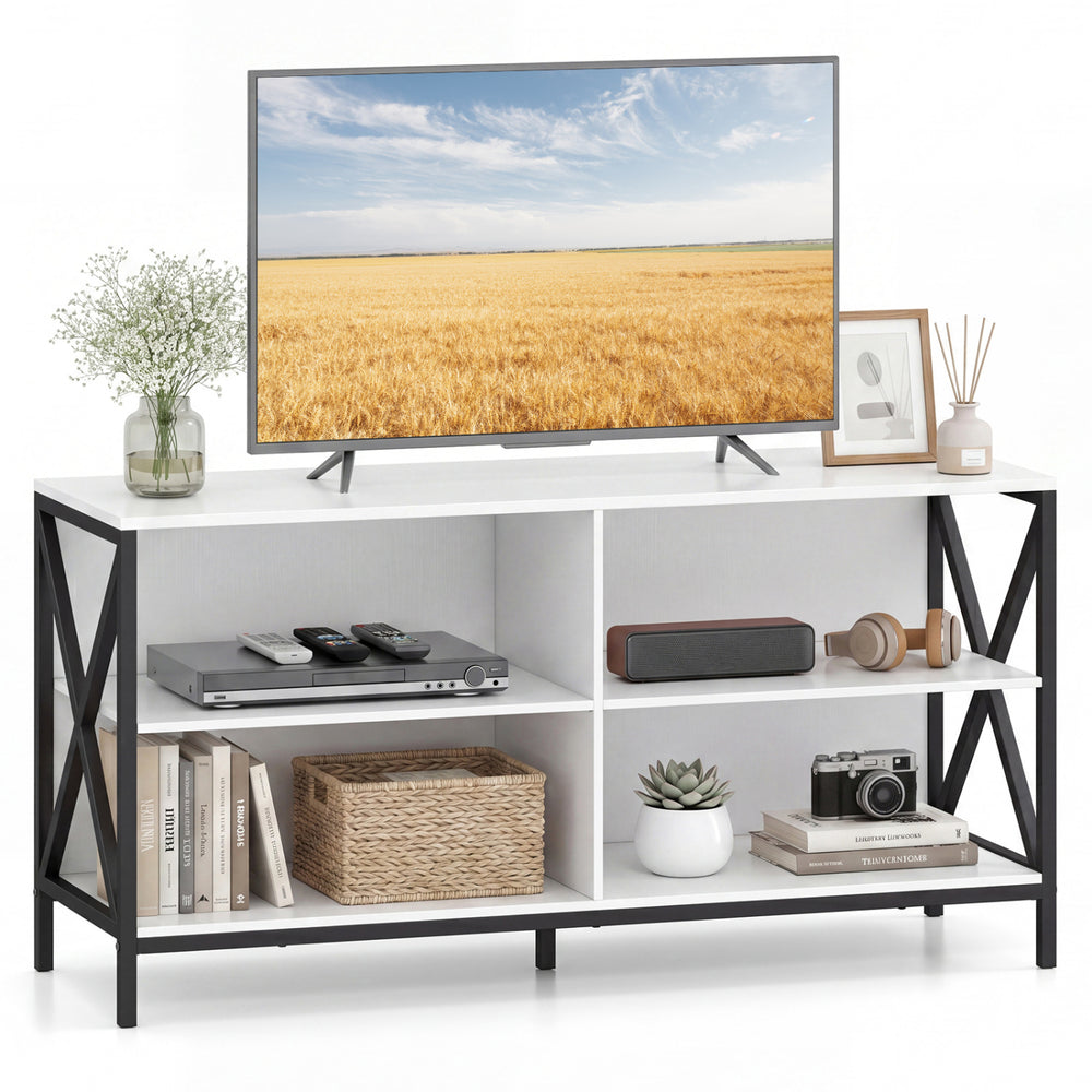 White wooden TV stand with X-shaped frame and five sturdy legs, providing durable support and ample open storage space.