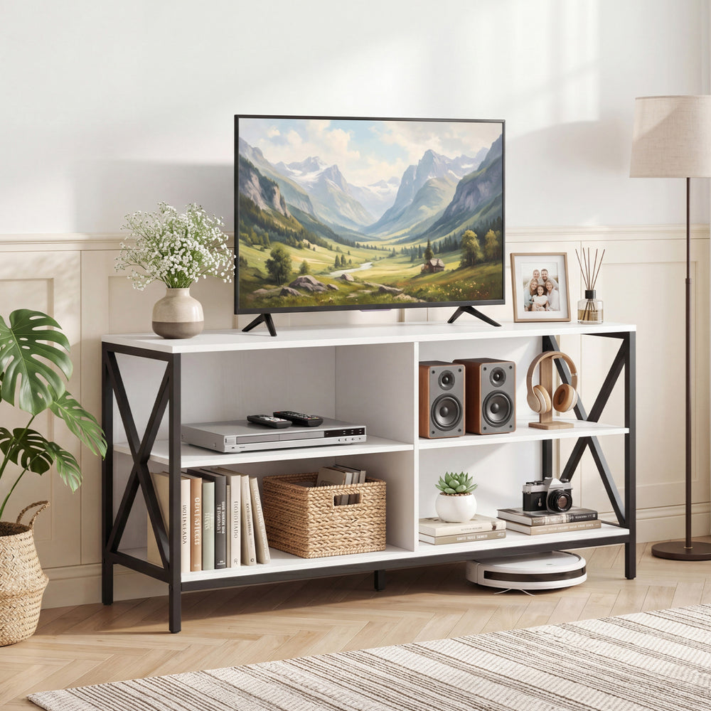 Wooden TV Stand Entertainment for TVs up to 55 Inch with X-Shaped Frame-White - Gallery View 1 of 10