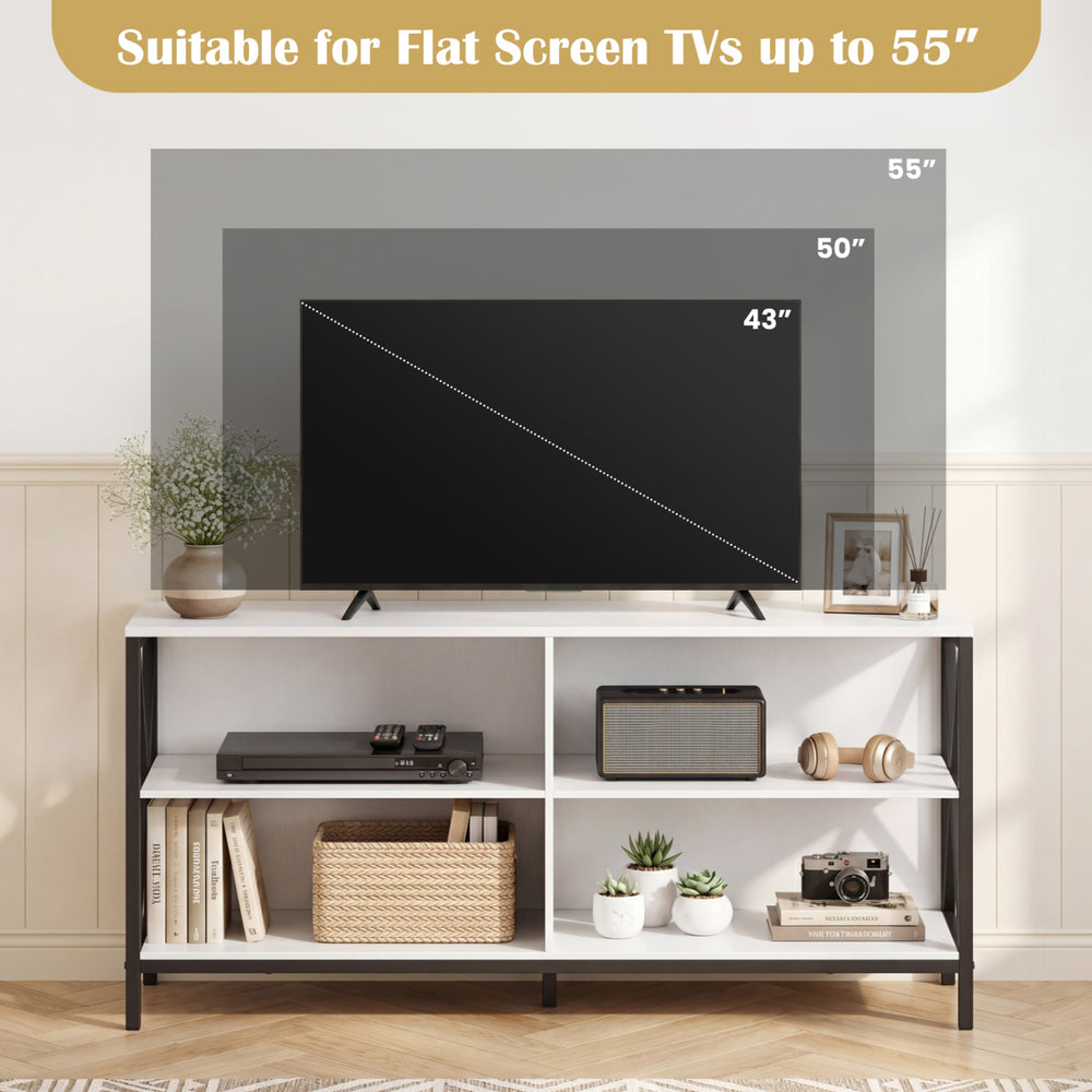 Wooden TV stand in white with open shelves, suitable for flat screen TVs up to 55 inches, offering ample storage space.