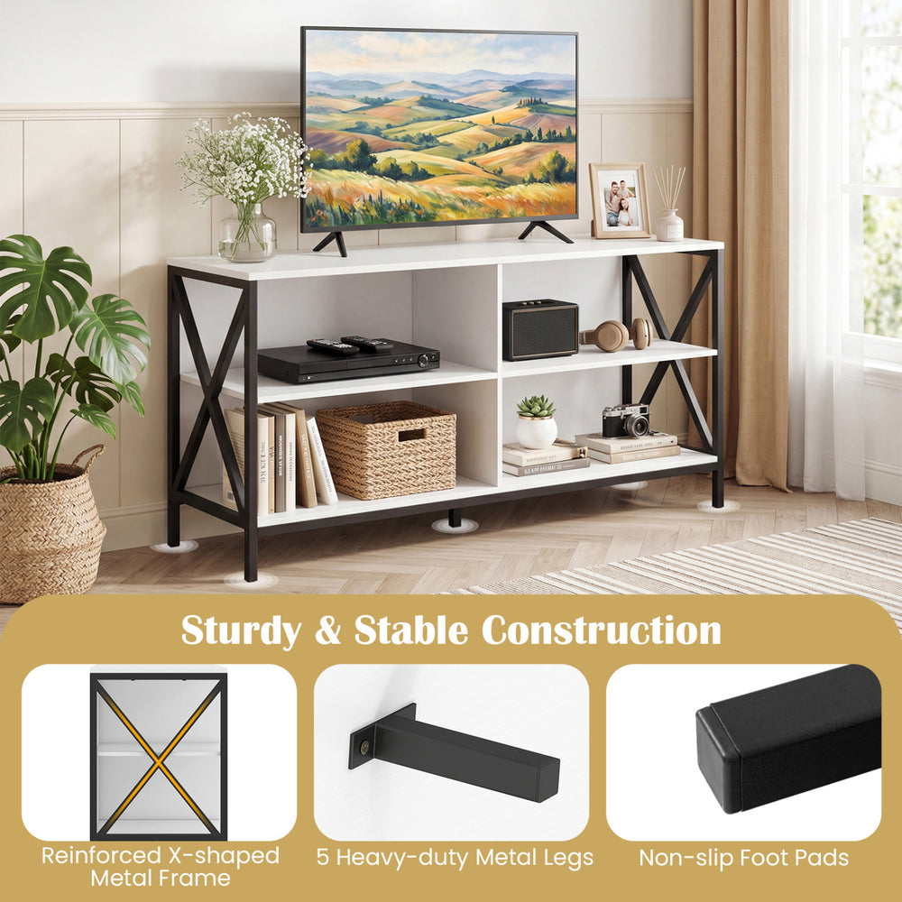 Wooden TV stand with X-shaped frame, designed for TVs up to 55 inches, featuring ample storage and sturdy MDF construction.