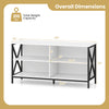 Wooden TV stand with X-shaped frame, crafted from MDF, featuring open shelves for storage and a modern white finish.