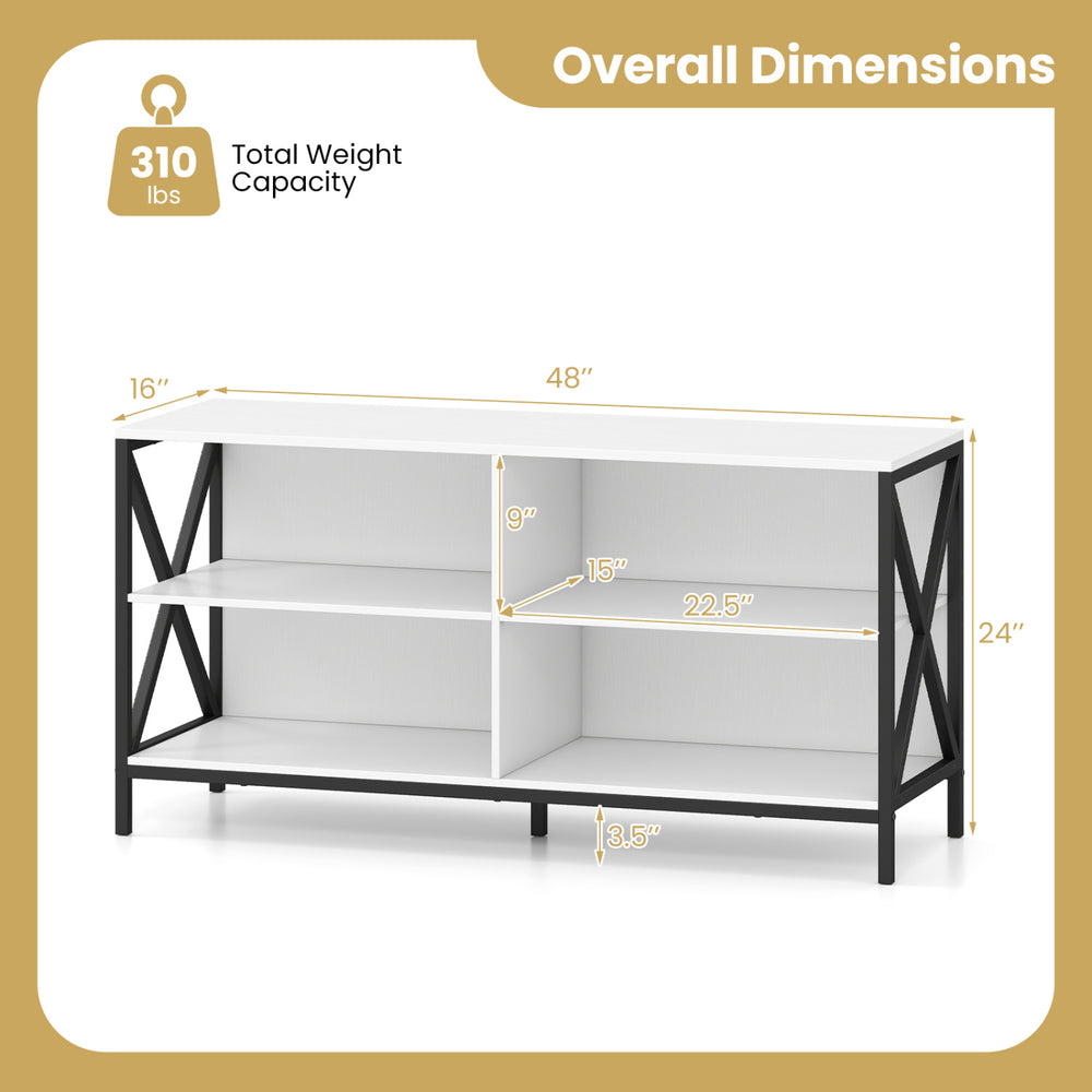 Wooden TV stand with X-shaped frame, crafted from MDF, featuring open shelves for storage and a modern white finish.
