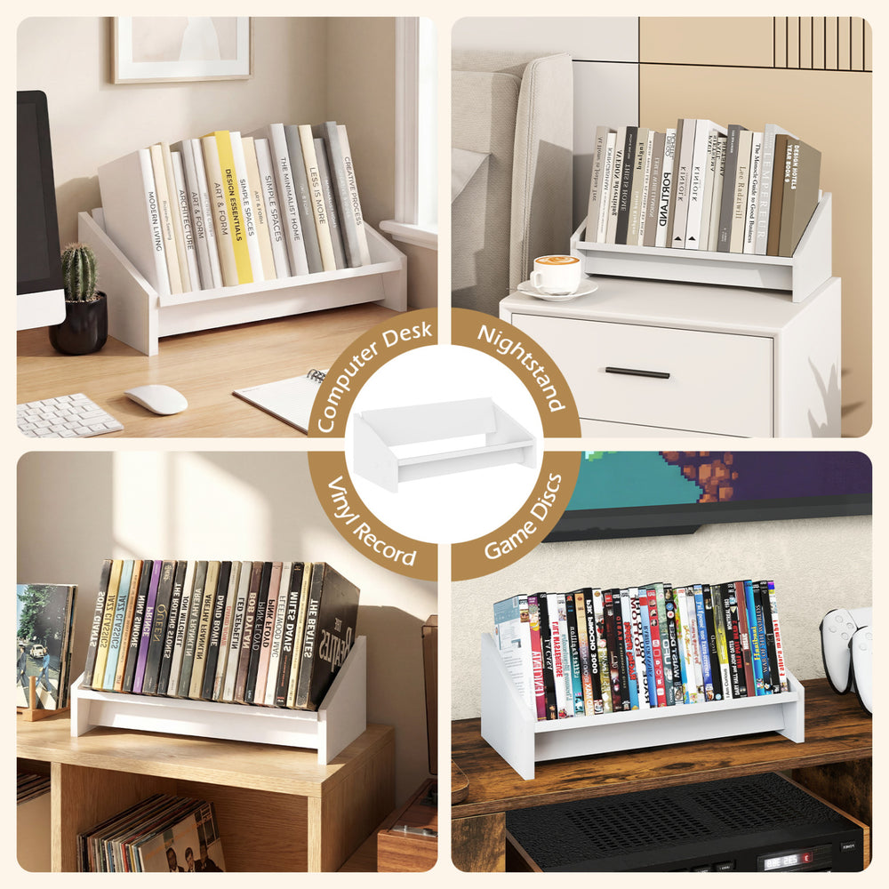 White wooden tilting bookshelf organizer displaying game discs, perfect for keeping your gaming area neat and stylish.