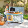Wooden toy kitchen playset in blue with removable faucet, stovetops, and storage, perfect for imaginative play outdoors.