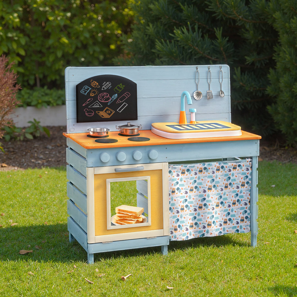 Wooden toy kitchen playset in blue with removable faucet, stovetops, and storage, perfect for imaginative play.