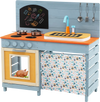 Wooden toy kitchen playset in blue with stovetops, circulation faucet, and storage, perfect for imaginative play.