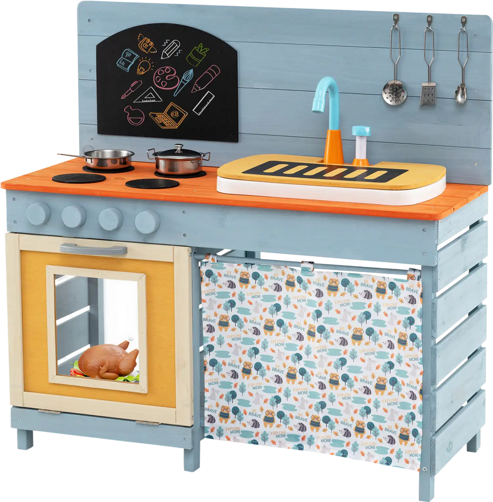 Wooden toy kitchen playset in blue with stovetops, circulation faucet, and storage, perfect for imaginative play.