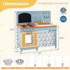 Wooden toy kitchen playset in blue with sturdy legs, a chalkboard for creativity, and ample storage for accessories.