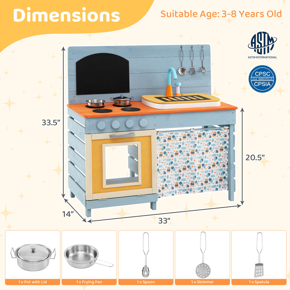 Wooden toy kitchen playset in blue with sturdy legs, a chalkboard for creativity, and ample storage for accessories.