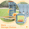 Wooden toy kitchen playset in blue featuring a compartment with door, 3 hanging hooks, and a shelf with curtain for.