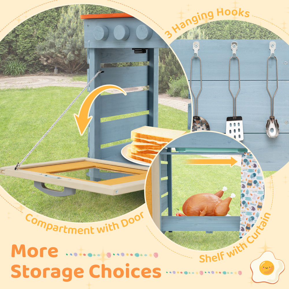 Wooden toy kitchen playset in blue featuring a compartment with door, 3 hanging hooks, and a shelf with curtain for.
