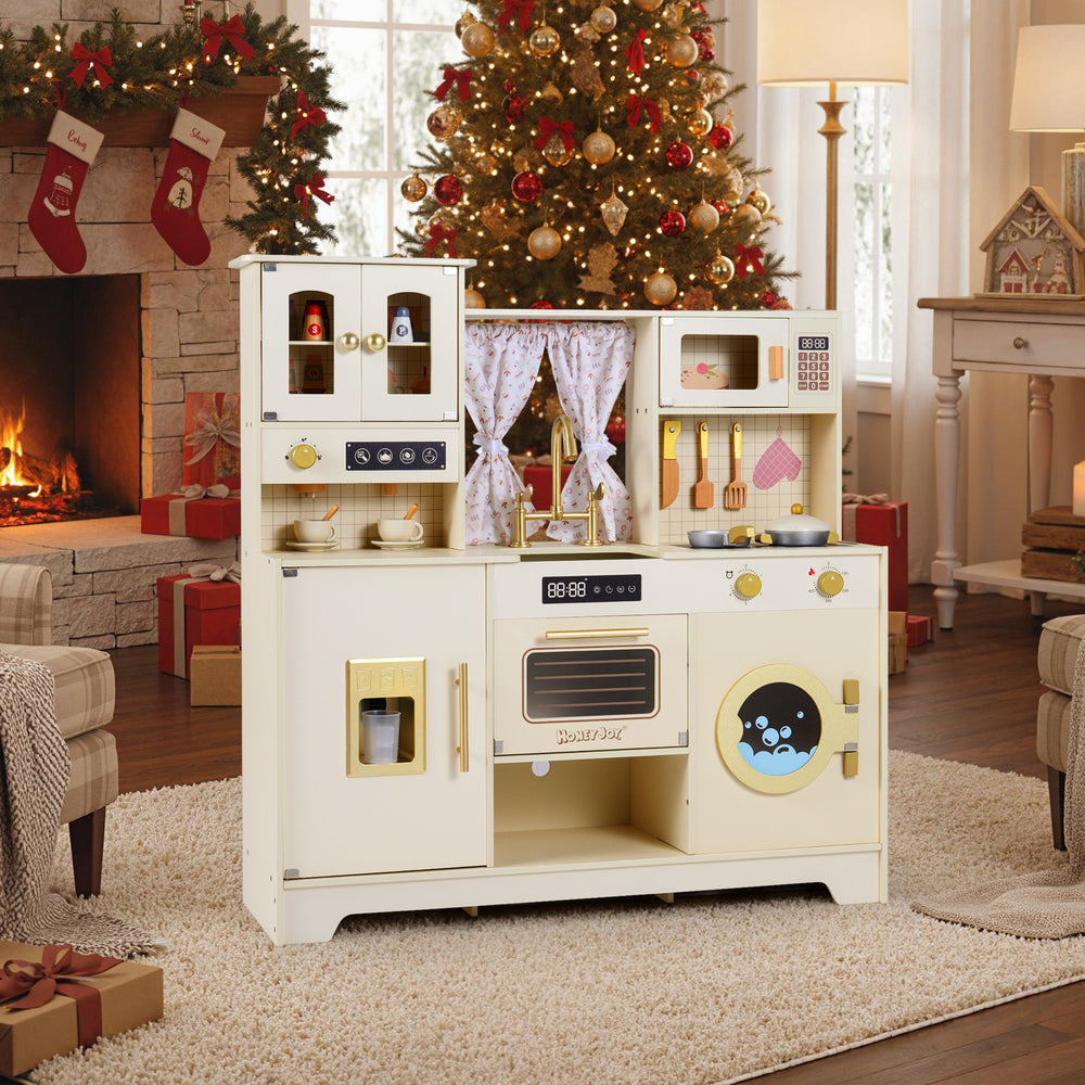 Wooden toy kitchen playset in beige with oven, microwave, and 14 accessories for imaginative play for kids aged 3+.