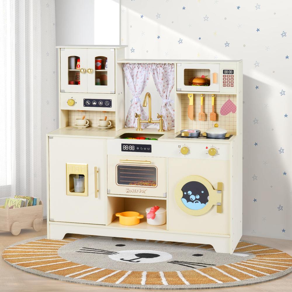 Wooden toy kitchen playset in beige with 14 accessories, featuring oven, washing machine, and storage compartments for.
