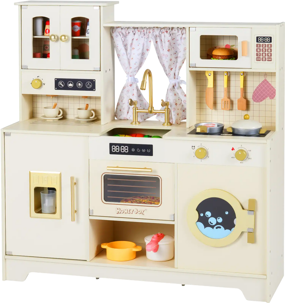 Wooden toy kitchen playset in beige with 14 accessories, including oven, coffee maker, and washing machine for.