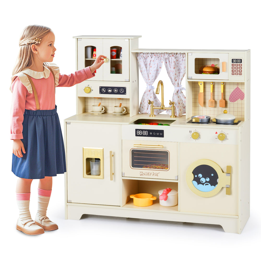 Wooden toy kitchen playset in beige with 14 accessories, featuring an oven, sink, and storage compartments for.