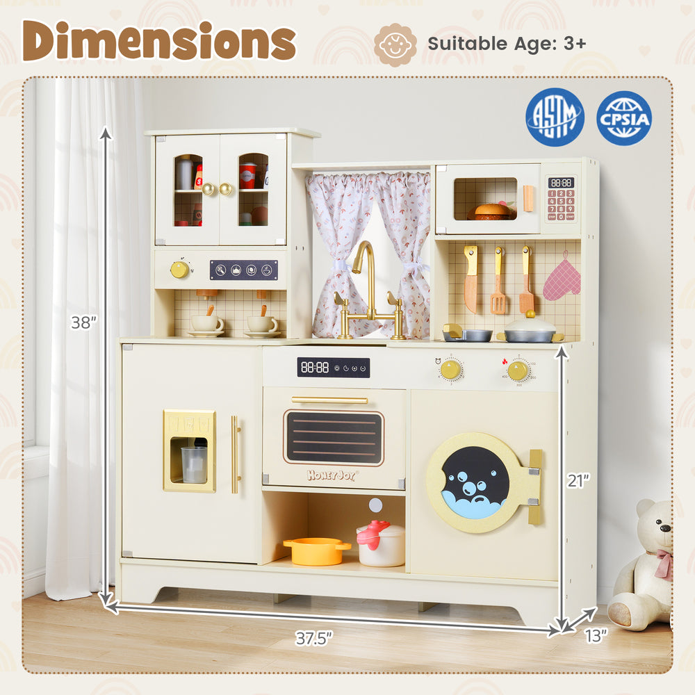Wooden toy kitchen playset in beige with 14 accessories, featuring oven, coffee maker, and rotatable faucet for.