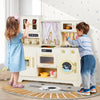Wooden toy kitchen playset in beige with 14 accessories, featuring a realistic stove and multiple storage compartments.