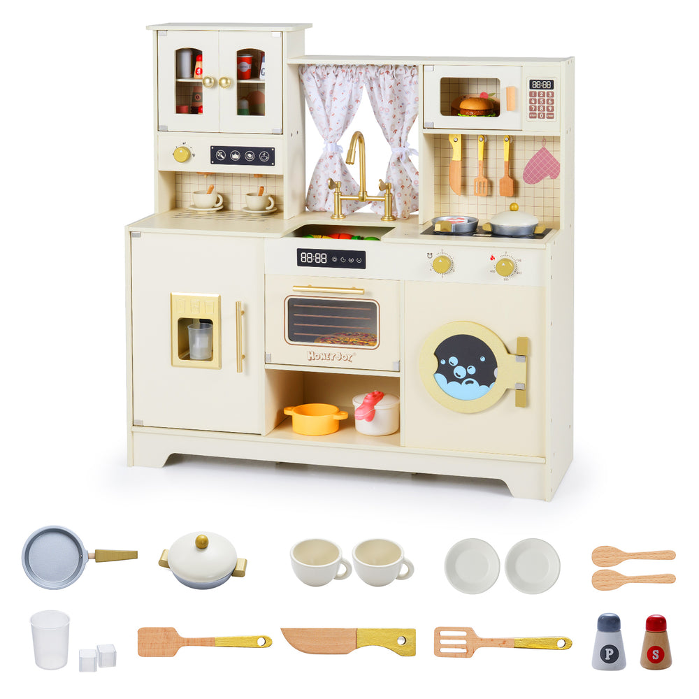Wooden toy kitchen playset in beige with 14 accessories, including oven and coffee maker, for imaginative cooking fun.
