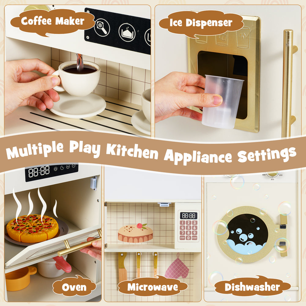 Wooden toy kitchen playset featuring a coffee maker, ice dispenser, and oven, designed for imaginative play for kids 3+.