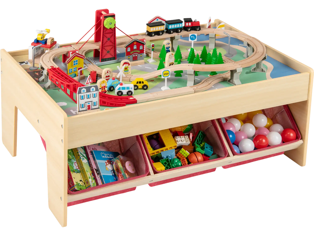 Wooden train set table with reversible tabletops, 94 accessories, and storage drawers for kids' imaginative play.