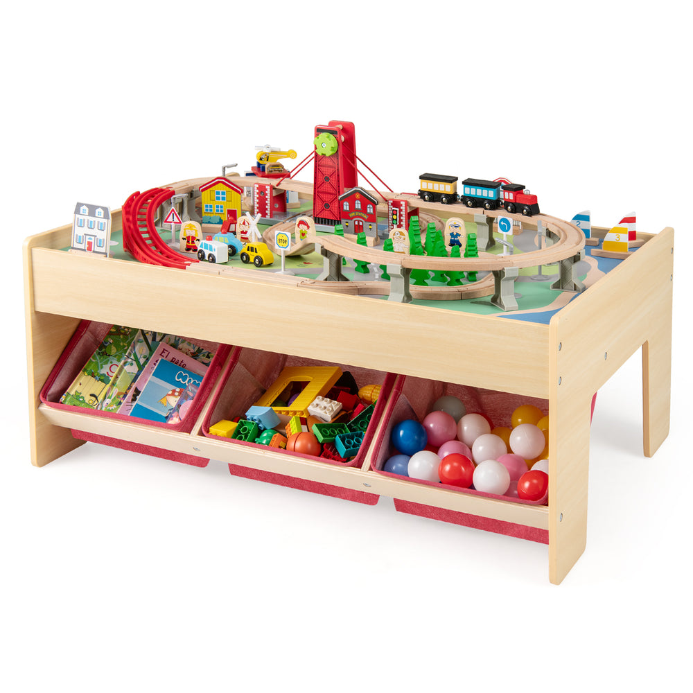Wooden train set table featuring a working crane and vibrant accessories, designed for creative play and imaginative.