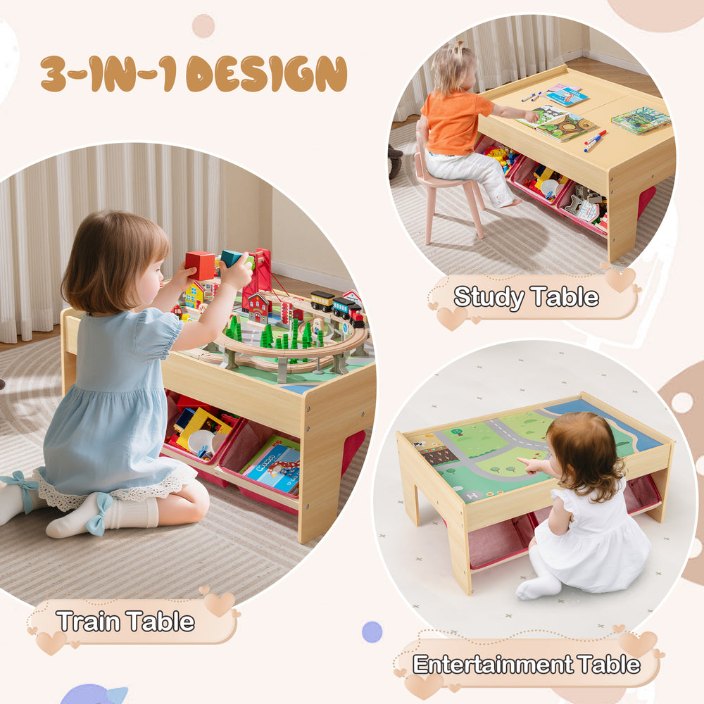 Wooden train set table with reversible tabletops, featuring a study and entertainment area, ideal for kids' playtime.