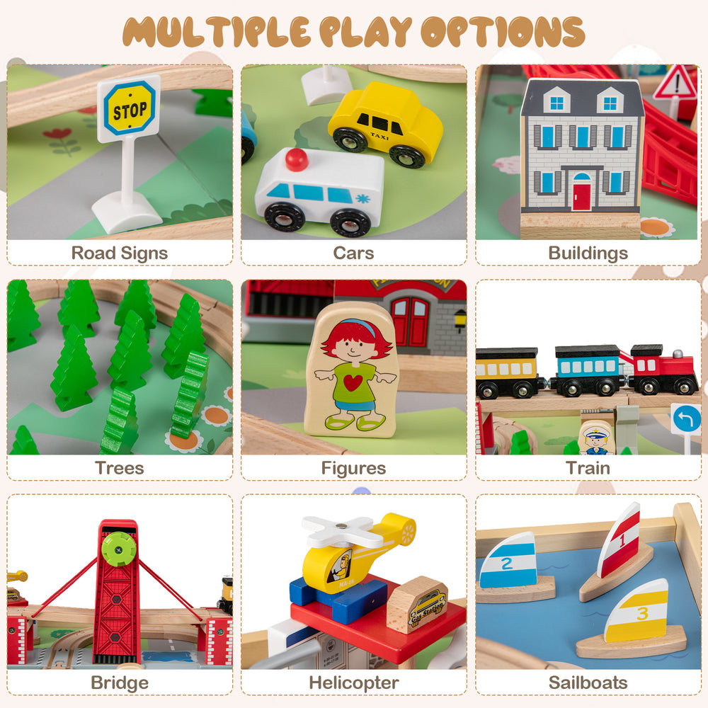 Wooden train set table with reversible tabletops, 94 accessories, and solid wood tracks for imaginative play.