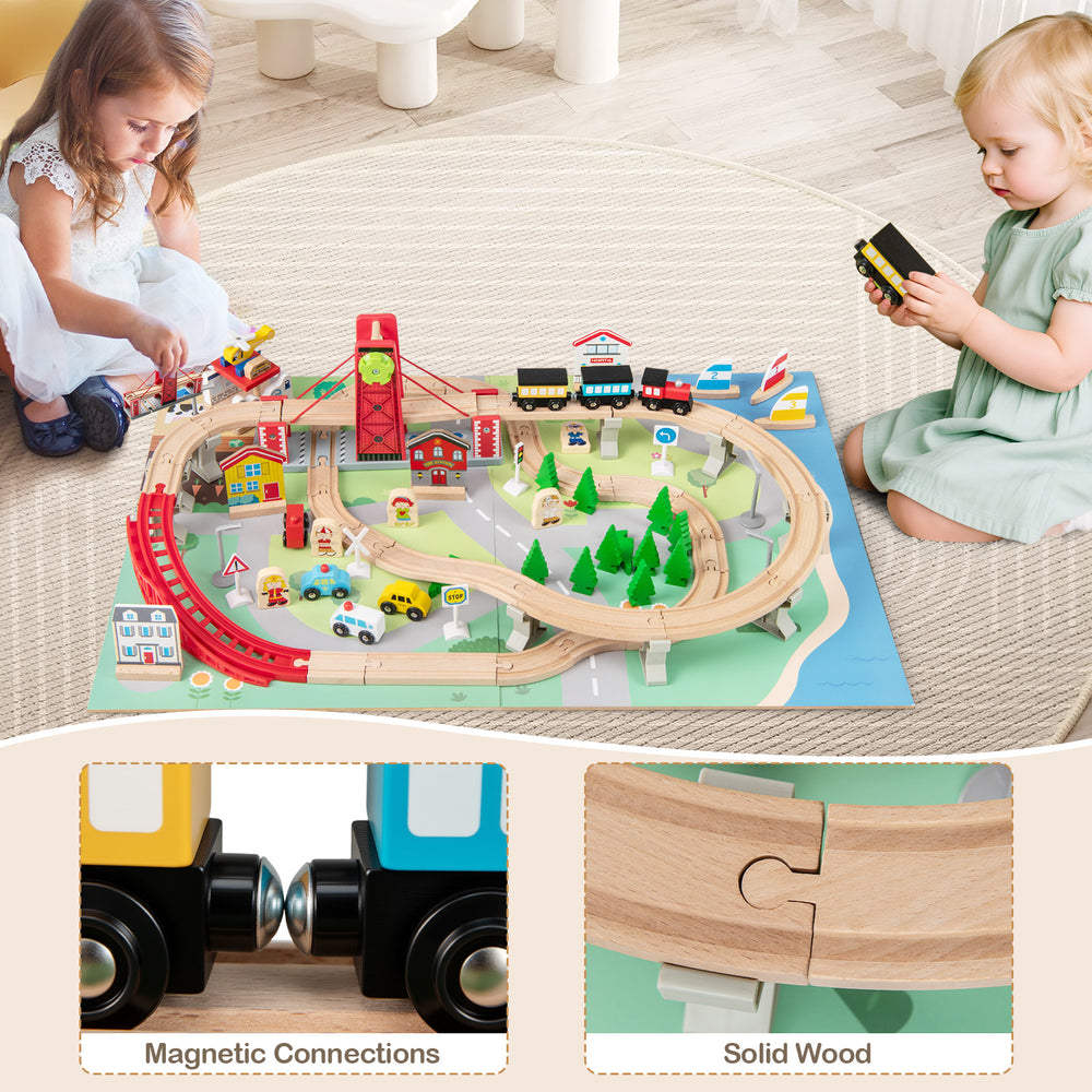 Wooden train set table with reversible tabletops, solid wood tracks, and 94 accessories for creative play.