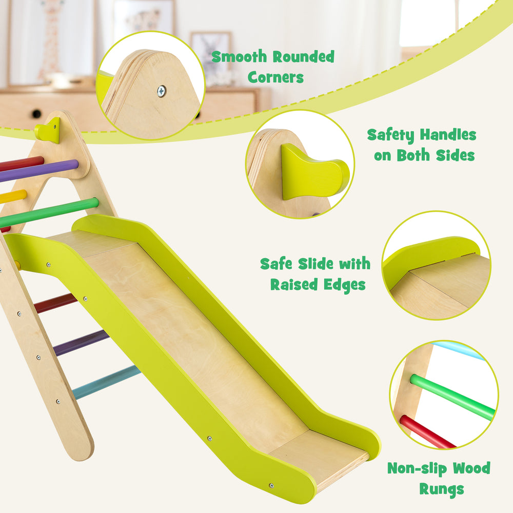 2-in-1 wooden triangle climber set with multicolor slide, featuring smooth edges and safety handles for kids' play.