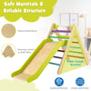 Multicolor wooden triangle climber set with a smooth, burr-free slide, ensuring safety and fun for kids' playtime.