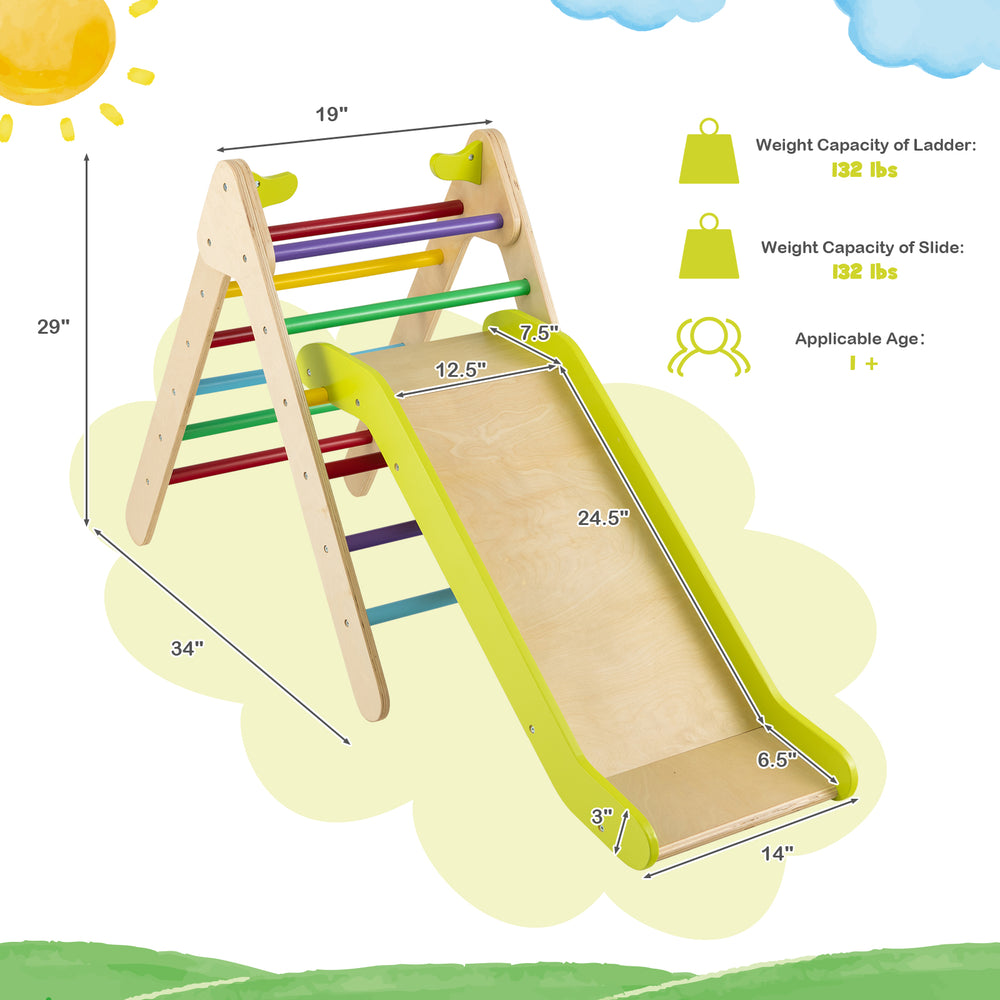 2-in-1 wooden triangle climber set with adjustable slide, multicolor design, perfect for kids' playrooms and safety.