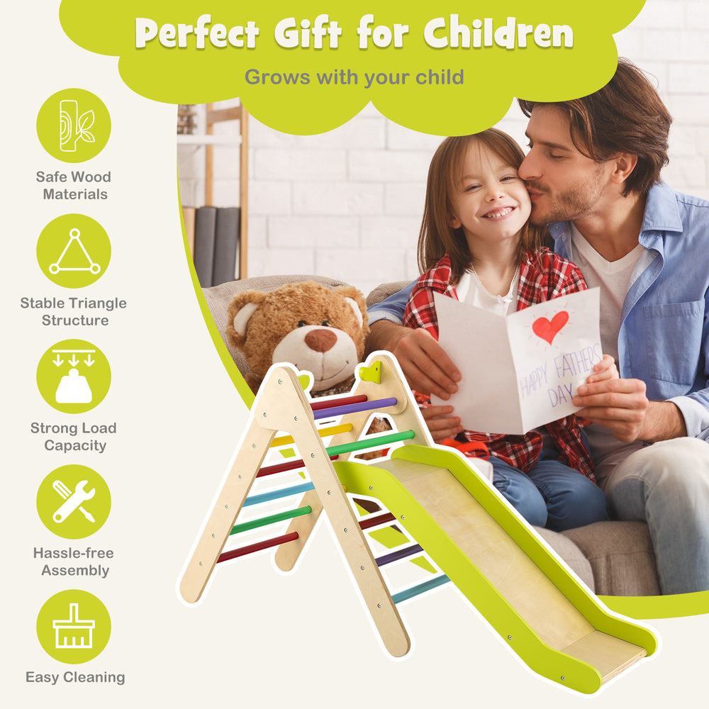 2-in-1 wooden triangle climber set with adjustable slide, made of durable beech wood, perfect for kids' playrooms.
