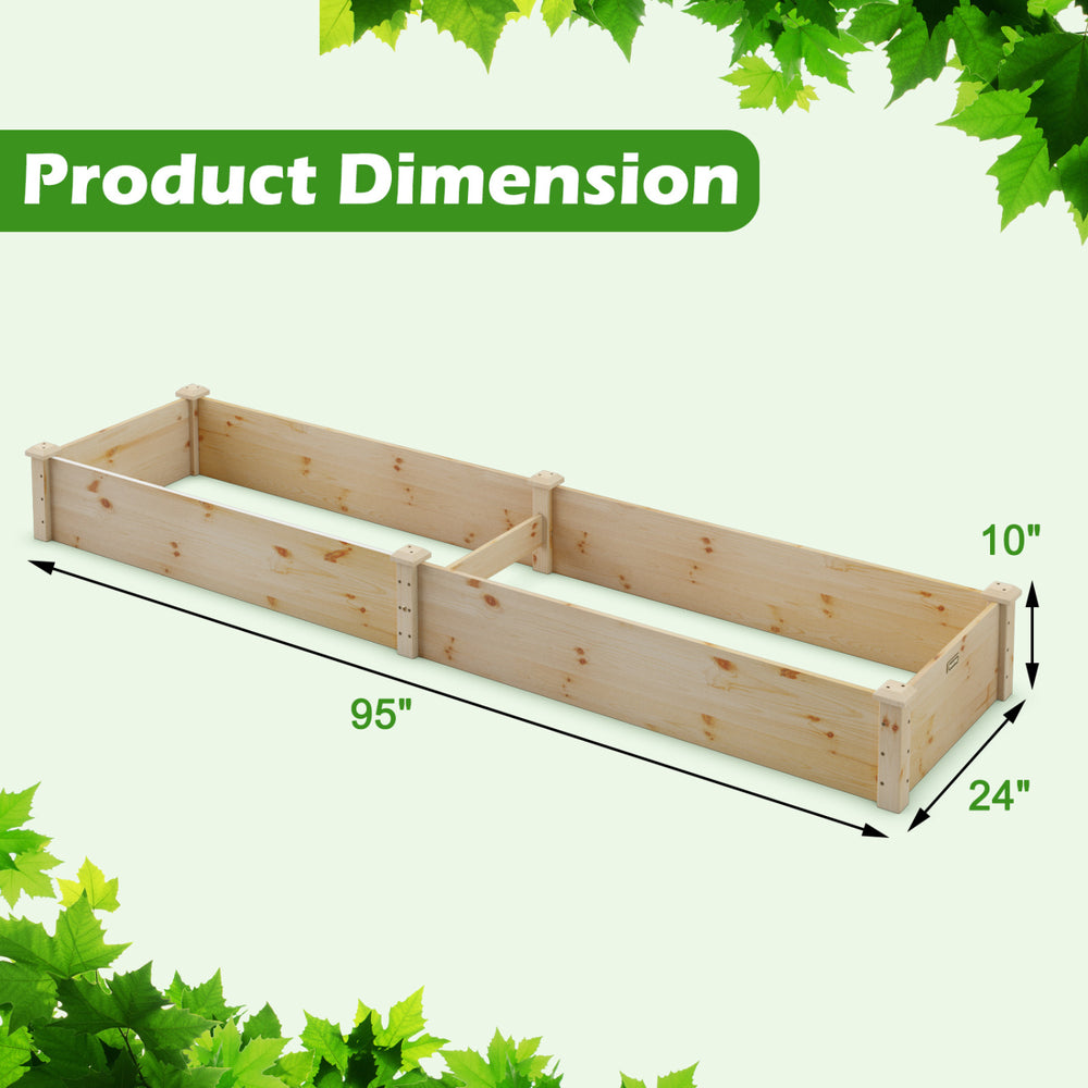 Wooden vegetable raised garden bed measuring 95" x 24" x 10", ideal for outdoor planting in backyards or patios.