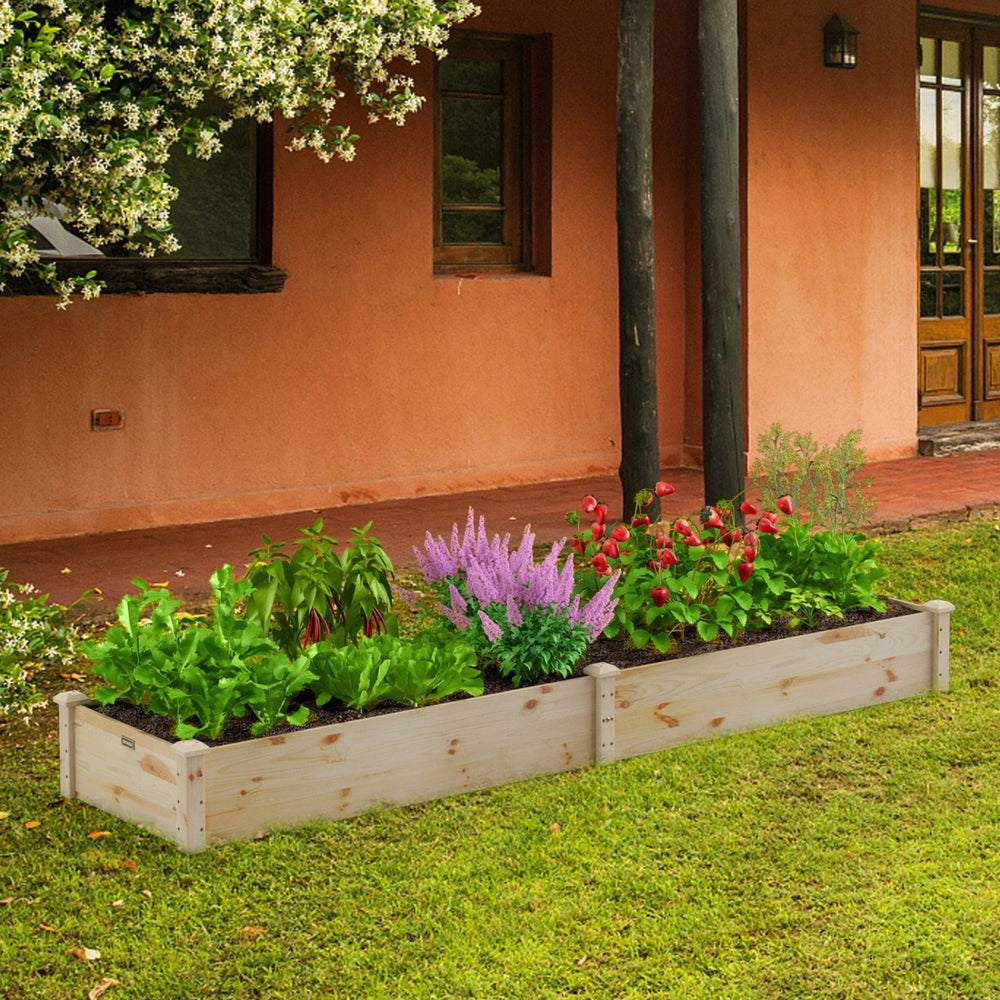 Wooden vegetable raised garden bed showcasing vibrant flowers and vegetables, perfect for enhancing outdoor spaces.