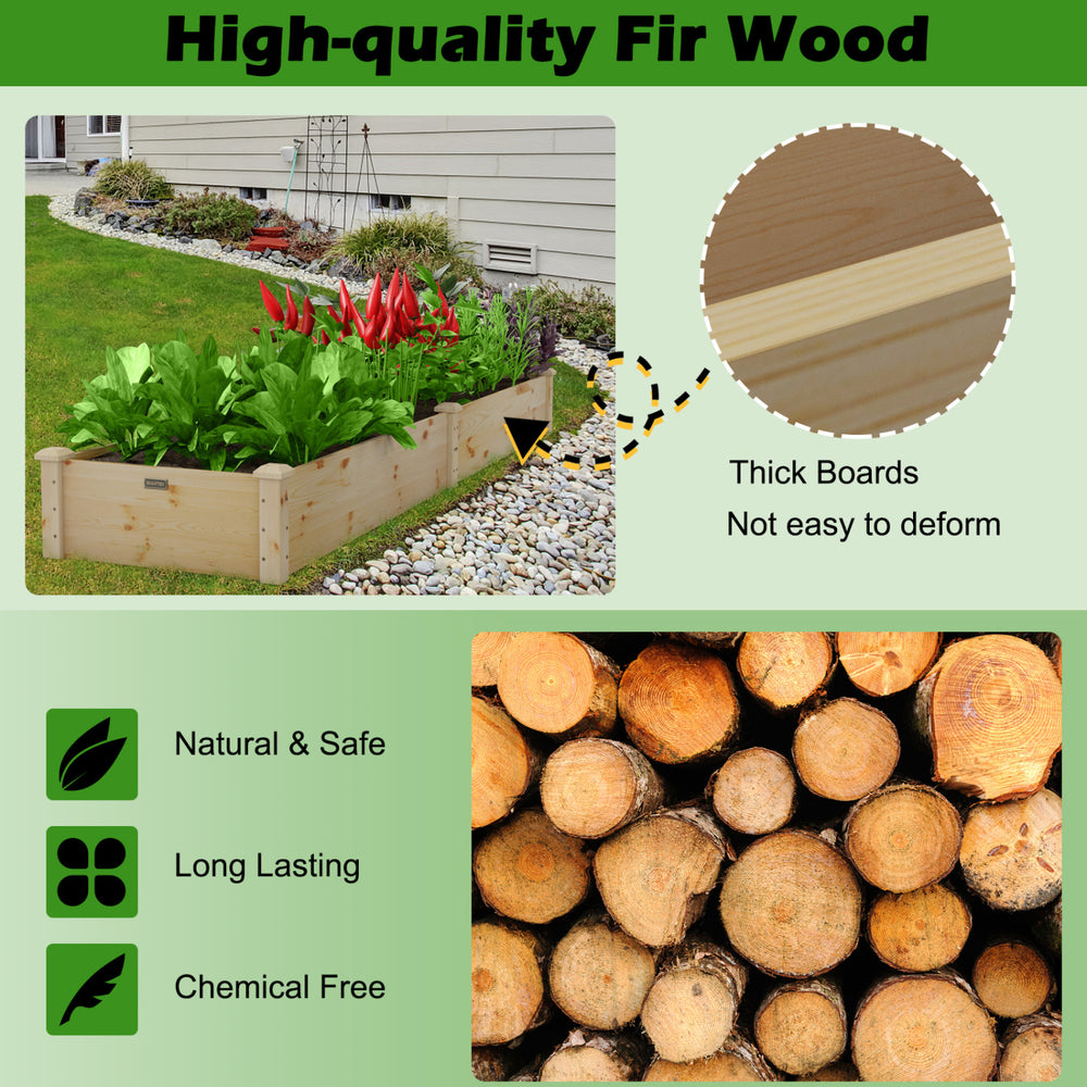 Wooden vegetable raised garden bed made of solid fir wood, featuring thick boards and ideal for outdoor planting.