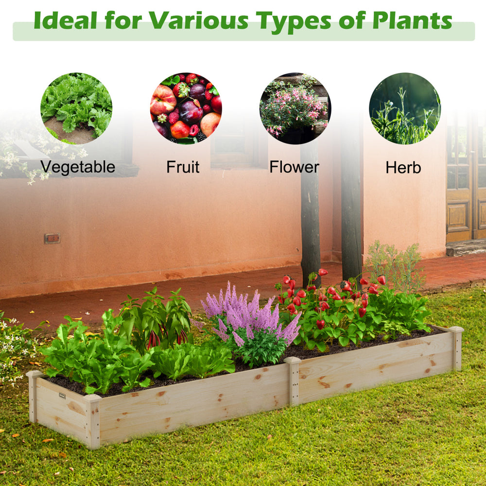 Wooden vegetable raised garden bed made of solid fir wood, ideal for planting vegetables, fruits, flowers, and herbs.